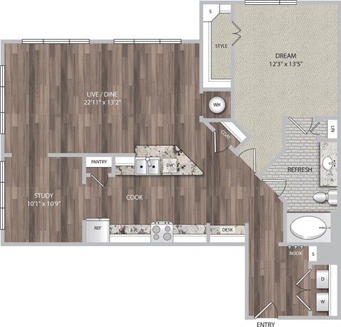 a floor plan of a studio apartment with a hardwood floor